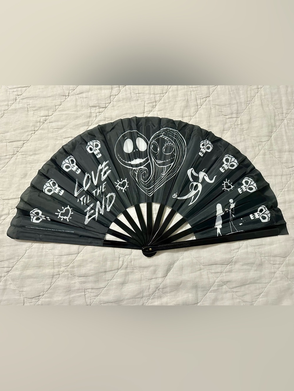 Disney Black Gothic Hand Fan with Jack and Sally  & 'Love Til The End' Artwork